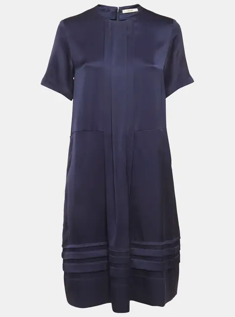 Celine Navy Blue Satin Pleated Midi Dress M