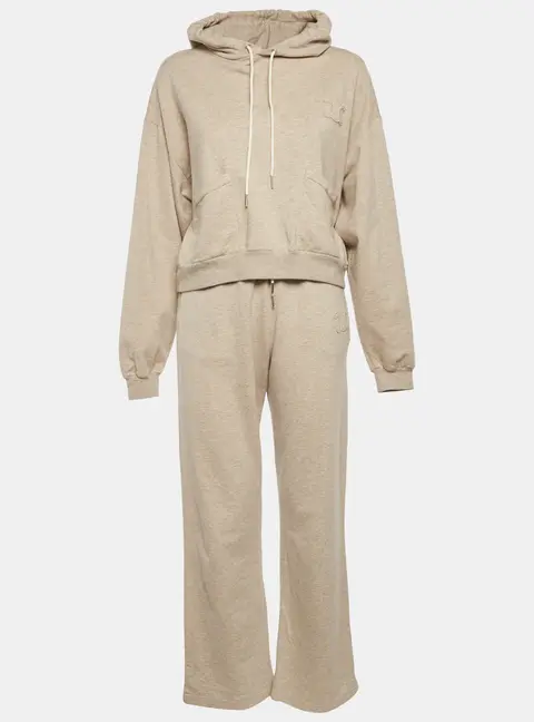 Celine Beige Cotton Knit Logo Detail Hoodie and Joggers Set M/L