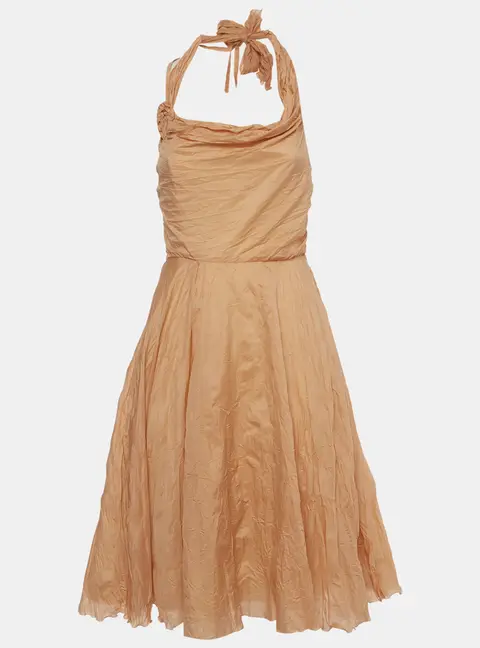 Celine Tan Crinkled Silk Blend Halter Mini Dress M