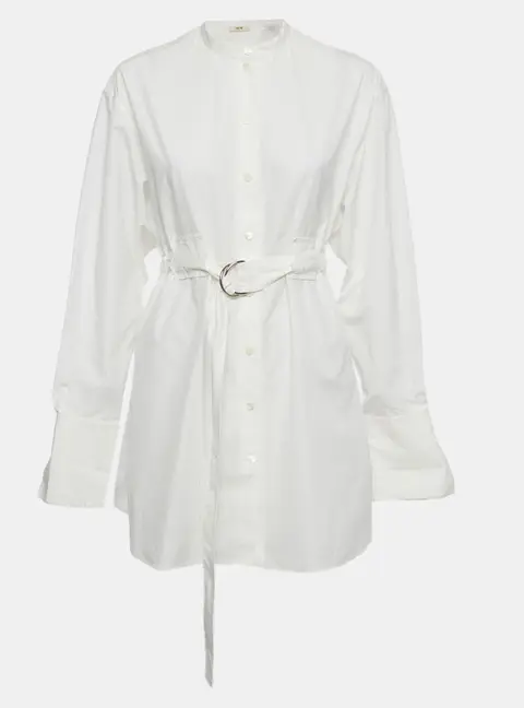 Celine White Cotton Button Front Belted Top M