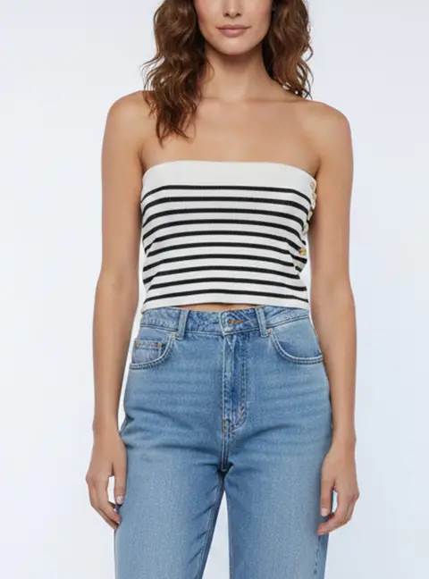 Celine Cream/Black Striped Knit Fitted Tube Top M