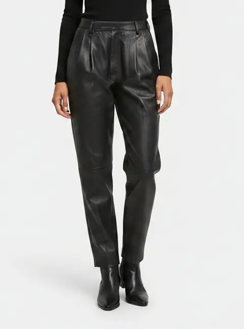 Celine Black Leather Pleated High Waisted Trousers S
