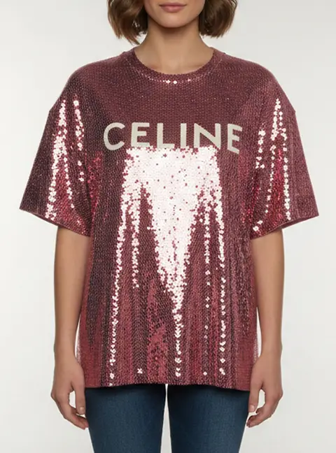 Celine Pink Cotton Sequin Embellished Short Sleeve Top S