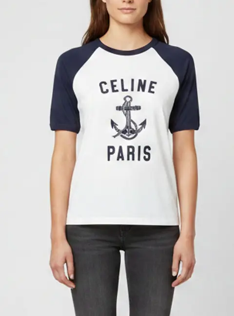 Celine White/Navy Logo Print Jersey Raglan Sleeves Anchor T-Shirt S