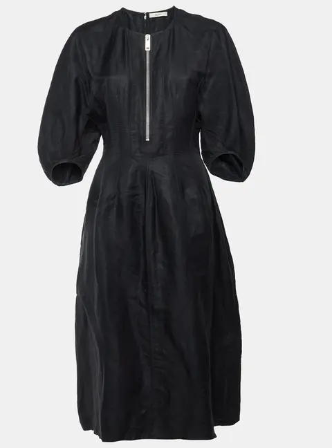Celine Black Linen Blend Zip Front Balloon Sleeve Midi Dress M