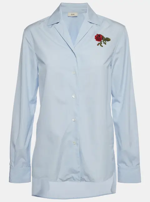 Celine Blue Pinstripe Cotton Rose Embroidered Long Sleeve Shirt S
