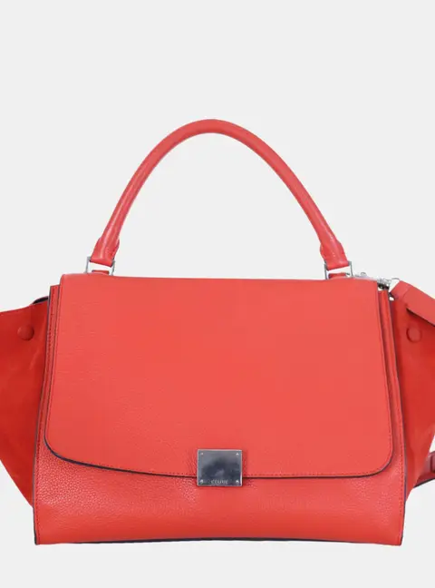Celine Trapeze Medium Red Grained Calfskin Leather Suede Satchel Bag