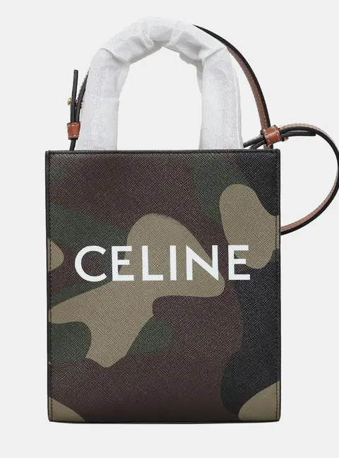 Celine Mini Vertical Cabas Khaki Camouflage Coated Canvas Calfskin Top Handle Bag