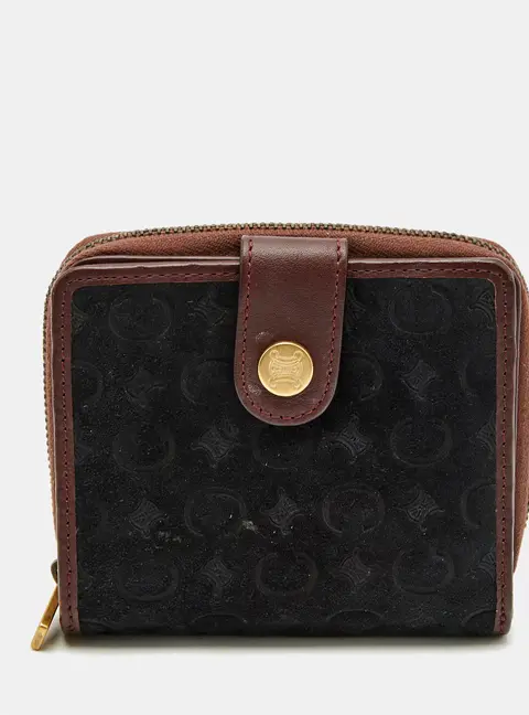 Celine Black/Burgundy Macadam Suede and Leather Zip Around Compact Wallet