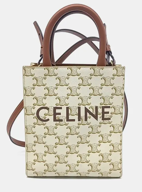 Celine Triomphe Canvas Mini Vertical Cabas White Tan Coated Canvas Top Handle Bag