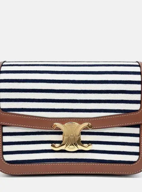 Celine Classique Triomphe Medium White Navy Striped Textile Calfskin Leather Shoulder Bag