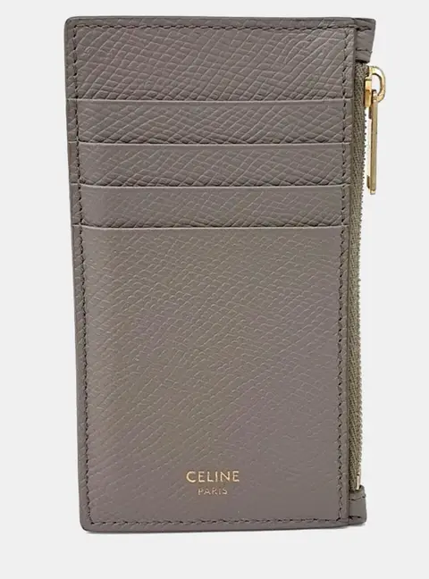 Celine Zipped Card Holder Grey Grained Calfskin Leather Wallet Bag