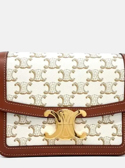 Celine Triomphe Teen White Triomphe Canvas Calfskin Leather Shoulder Bag