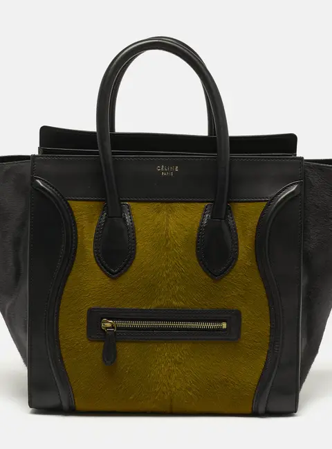 Celine Luggage Mini Black/Green Leather and Calfhair Tote