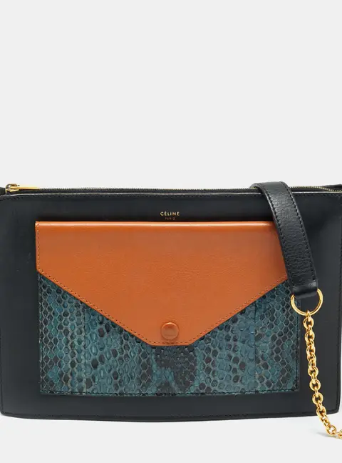 Celine Pocket Envelope Tricolor Leather and Python Chain Pouch