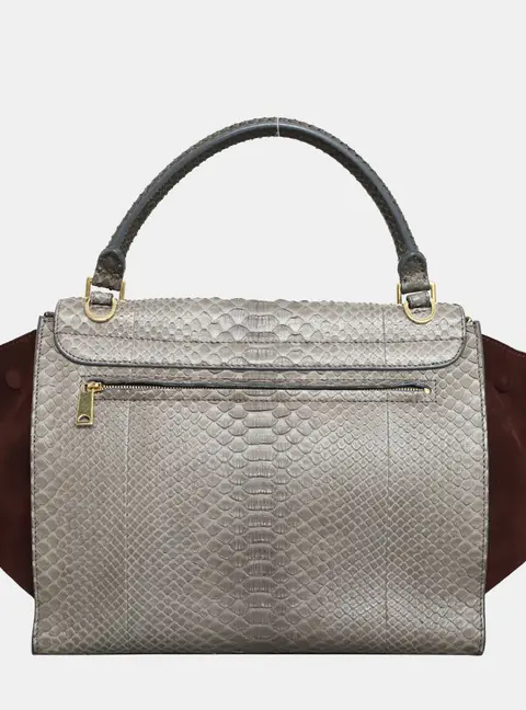 Celine Trapeze Medium Gray Python Leather Burgundy Suede Top Handle Bag