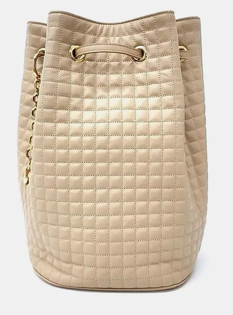 Celine C Charm Small Beige Quilted Calfskin Leather Drawstring Bag