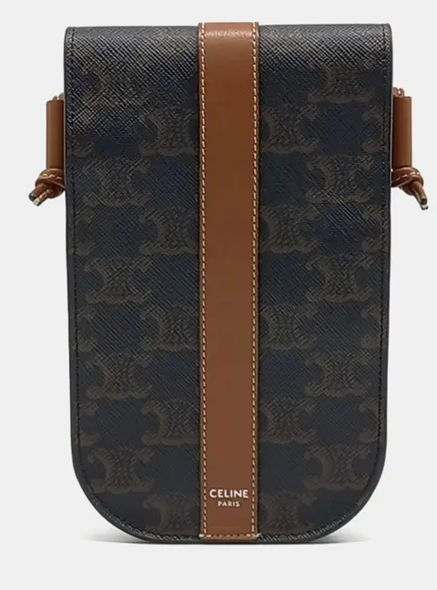 Celine Trioph&eacute;e Brown Coated Canvas Phone Pouch Crossbody Bag