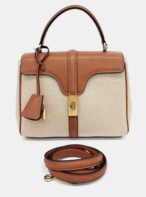 Celine 16 Small Beige Brown Canvas Calfskin Leather Top Handle Bag