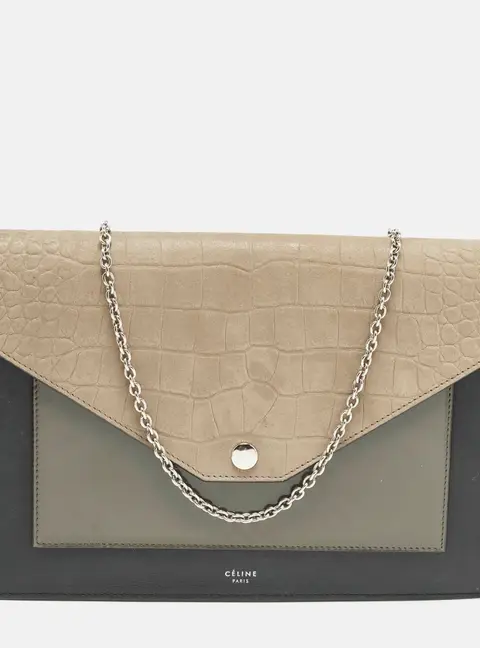 Celine Pocket Envelope Tricolor Croc Embossed Suede and Leather Chain Clutch