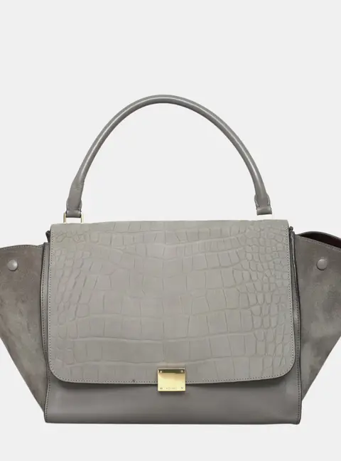 Celine Trapeze Large Grey Crocodile Stamped Nubuck Leather and Suede Top Handle Bag
