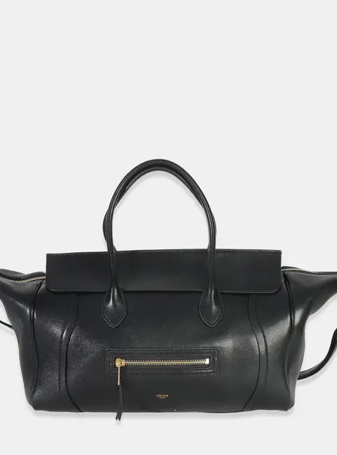 Celine New Luggage Medium Black Supple Shiny Lambskin Leather Top Handle Bag