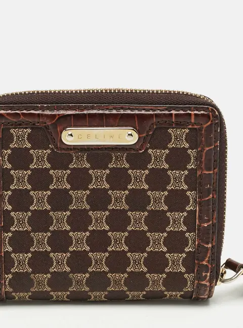 Celine Brown Macadam Fabric and Croc Embossed French Wallet
