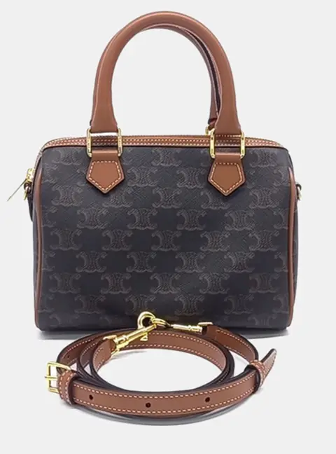 Celine Boston Small Brown Triomphe Canvas Leather Top Handle Bag