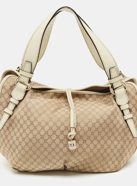 Celine Bittersweet Beige/Off White Macadam Print Canvas and Croc Embossed Leather Hobo