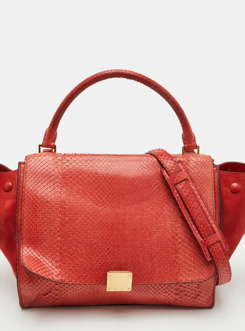 Celine Trapeze Medium Red Suede and Python Top Handle Bag