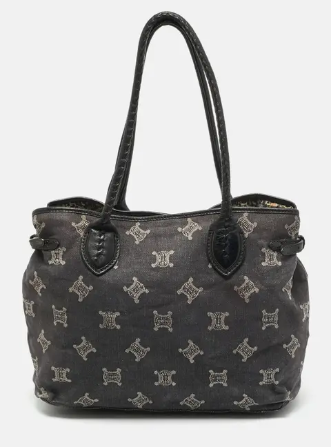 Celine Buckle Black Triomphe Denim and Leather Tote