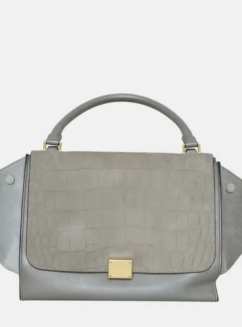 Celine Trapeze Medium Gray Croc Embossed Leather and Suede Top Handle Bag