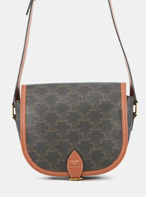 Celine Folco Medium Tan Triomphe Coated Canvas Calfskin Leather Crossbody Bag
