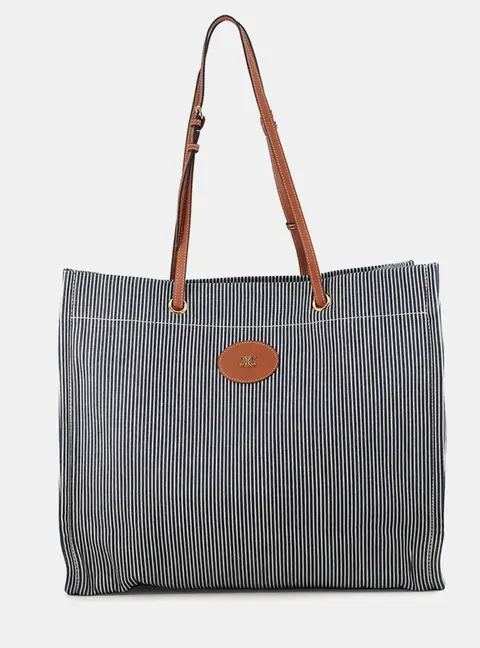 Celine Square Cabas Stripe Navy Blue Tan Canvas Calfskin Leather Tote Bag