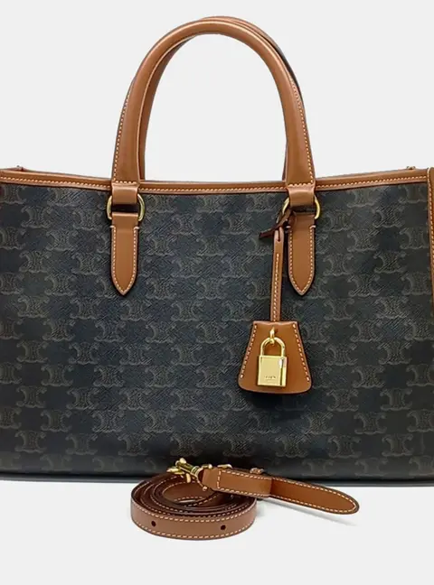 Celine Mini Horizontal Cabas Brown Triomphe Canvas Calfskin Leather Top Handle Bag