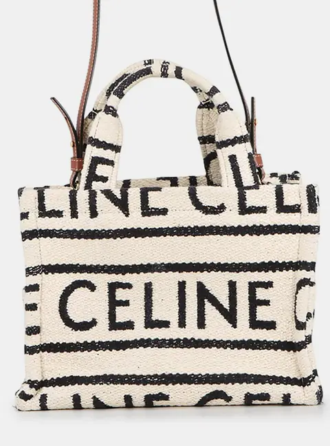 Celine Cabas Thais Small White Black Cotton Leather Top Handle Bag