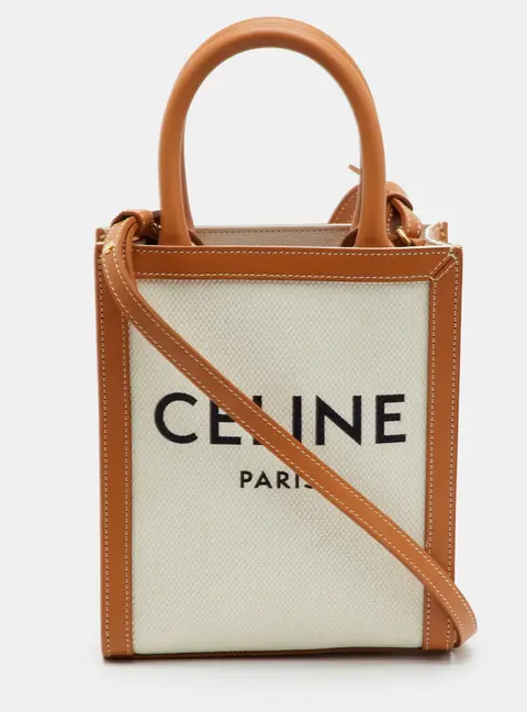 Celine Cabas Mini Tan/White Canvas and Leather Vertical Tote