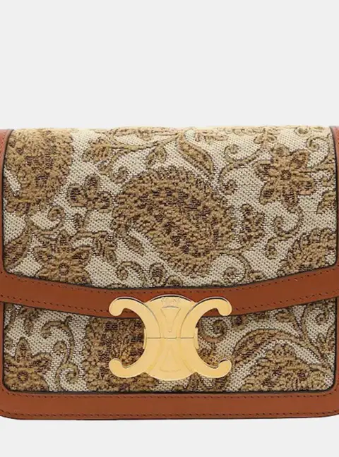 Celine Small Triomphe Shoulder Bag Textile Jacquard Tan Calfskin Leather Shoulder Bag