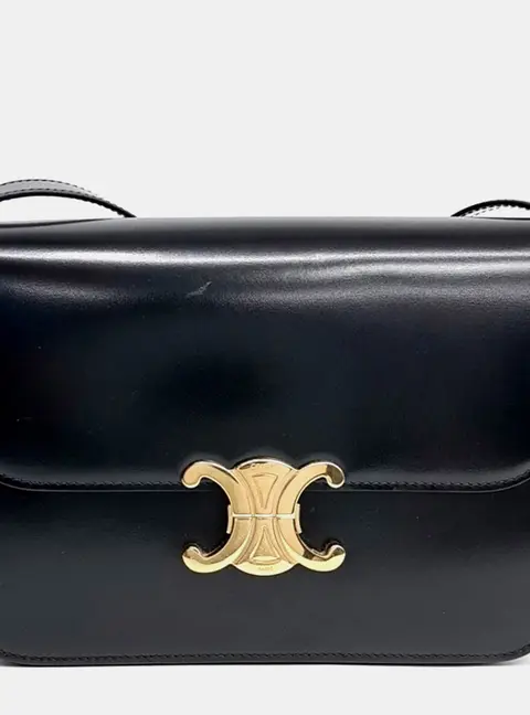 Celine Triomphe Medium Black Calfskin Leather Shoulder Bag