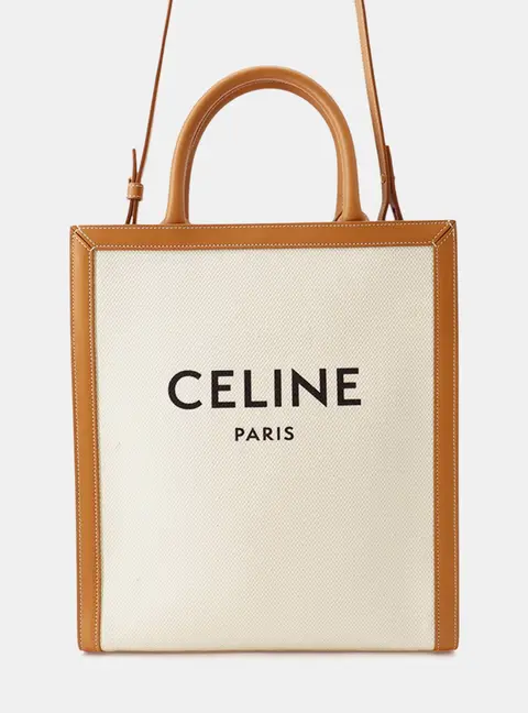 Celine Vertical Cabas Small Beige Brown Canvas Leather Top Handle Bag