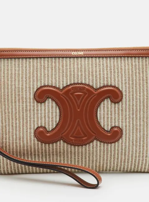 Celine Triumph Small Beige/Tan Canvas and Leather Wristlet Pouch