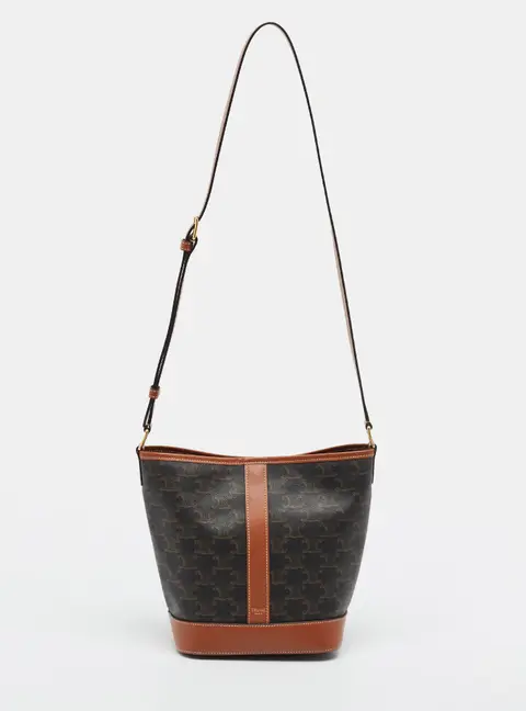 Celine Triomphe Small Tan/Dark Brown Coated Canvas and Leather Bucket Bag