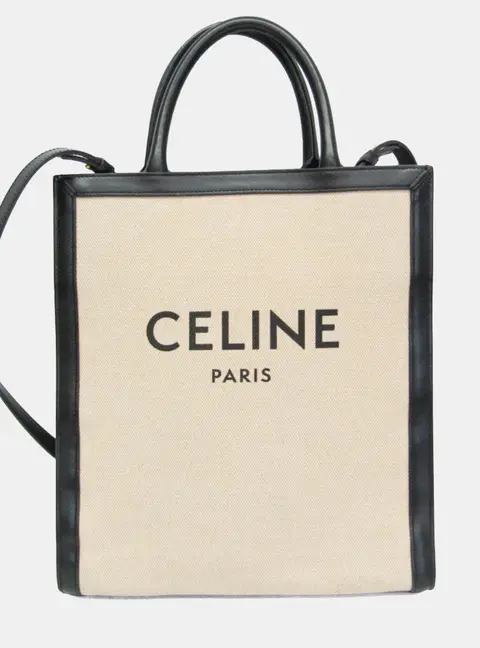 Celine Small Vertical Cabas Beige Black Canvas Leather Tote Bag
