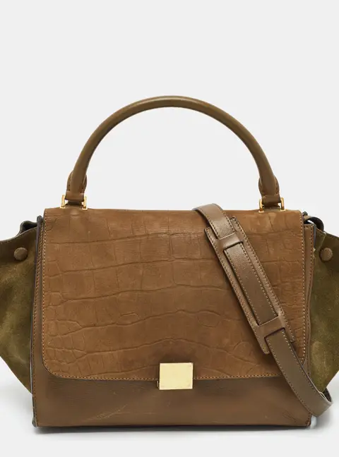Celine Trapeze Medium Green Croc Embossed, Suede and Leather Top Handle Bag