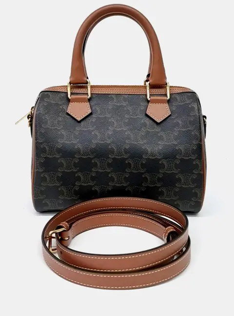 Celine Brown Coated Canvas Triumph Boston Bag Small