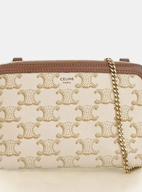 Celine Clutch On Chain Mini White Triomphe Canvas Lambskin Shoulder Bag