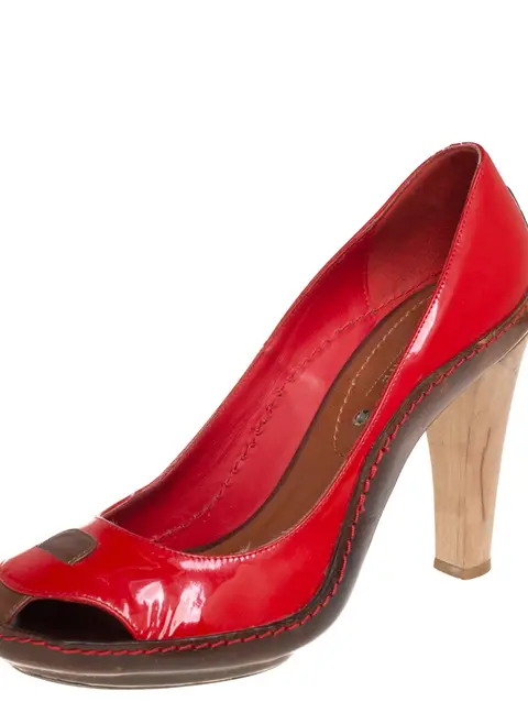 Celine Red/Brown Leather and Patent Leather Pick Toe Pumps Size 39