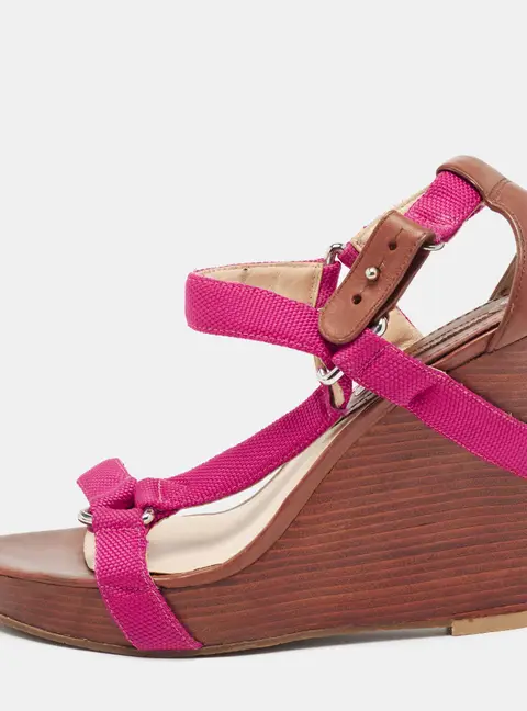 C&eacute;line Pink Canvas T-Strap Wedge Slingback Sandals Size 39