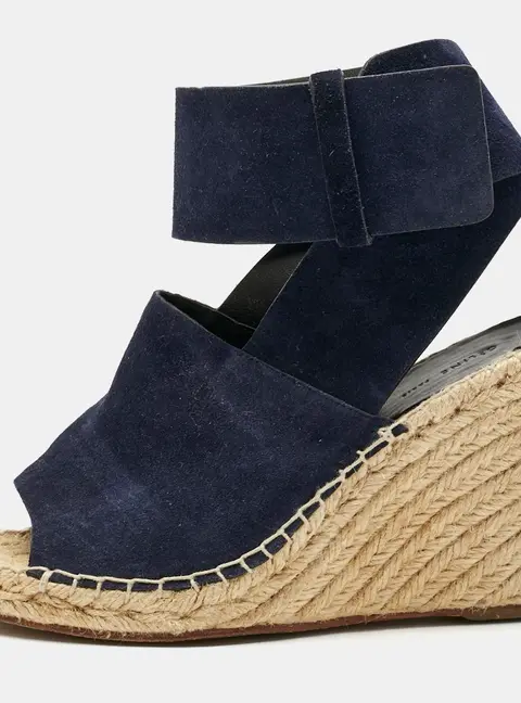 Celine Navy Blue Suede Wedge Ankle Wrap Espadrille Sandals Size 37