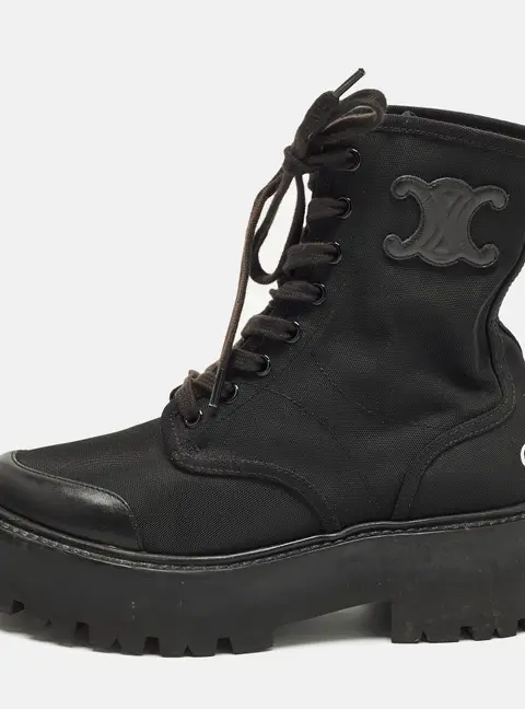 Celine Size 36 Black Canvas and Leather Combat Boots